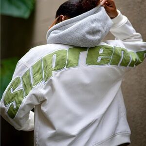 Supreme White Jacket with Olive Green Logo Panel